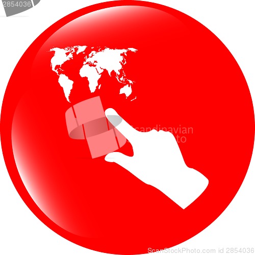 Image of icon with people hand and world map sign. Arrows symbol. Icon for App. Web button