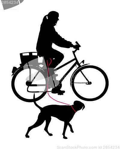 Image of Woman on bicycle with dog on leash