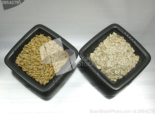 Image of Bowls of chinaware with oat and porridge on reflecting matting