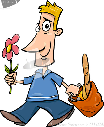 Image of man with flower cartoon illustration