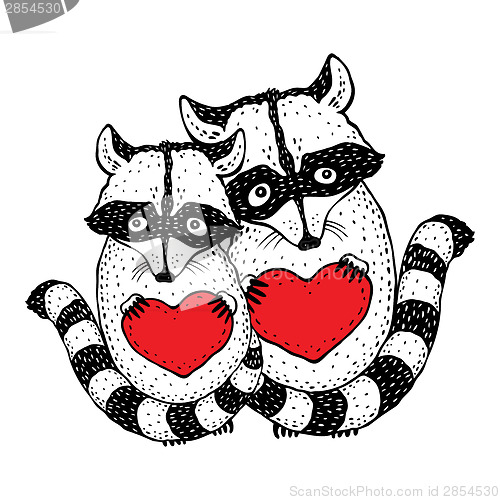 Image of Cute raccoon with heart in hands.