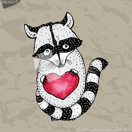 Image of Cute raccoon with heart in hands.