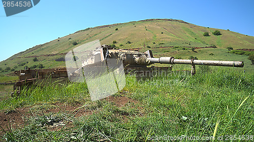 Image of Derelict old Israeli tank on Golan Heights emplacement