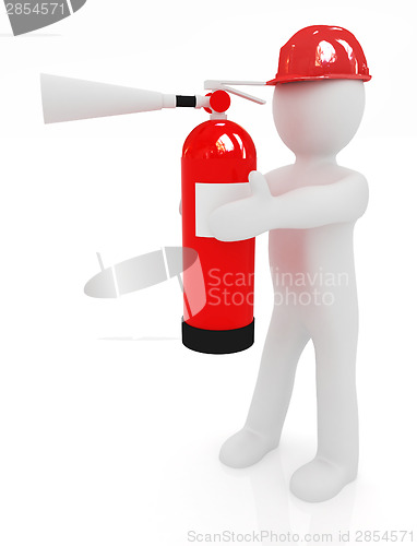 Image of 3d man in hardhat with red fire extinguisher 