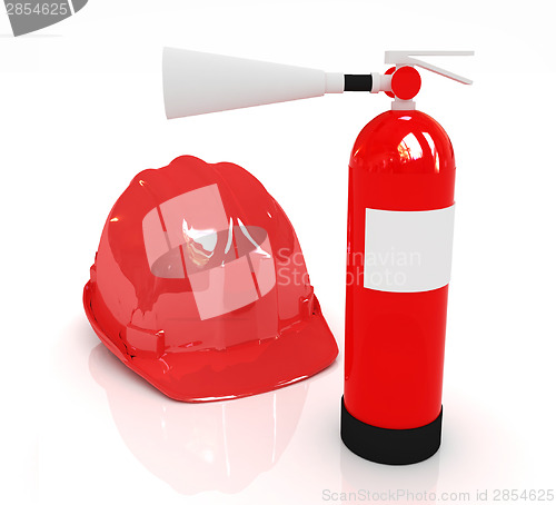 Image of Red fire extinguisher and hardhat 