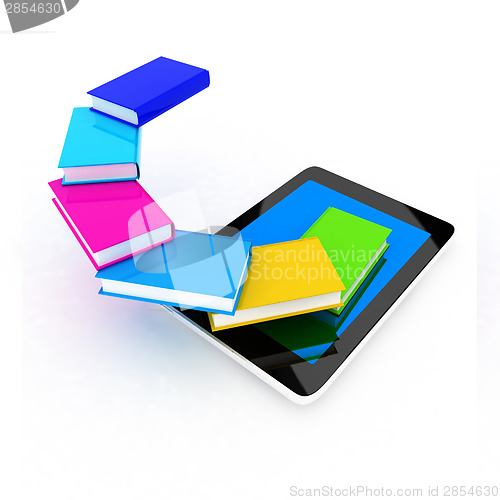 Image of tablet pc and colorful real books