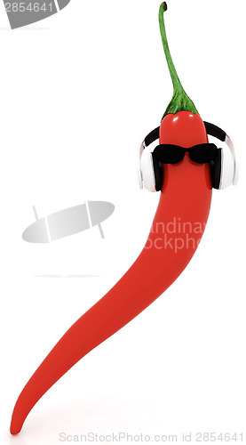 Image of chili pepper with sun glass and headphones front "face"