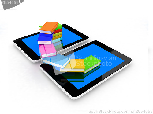 Image of tablet pc and colorful real books