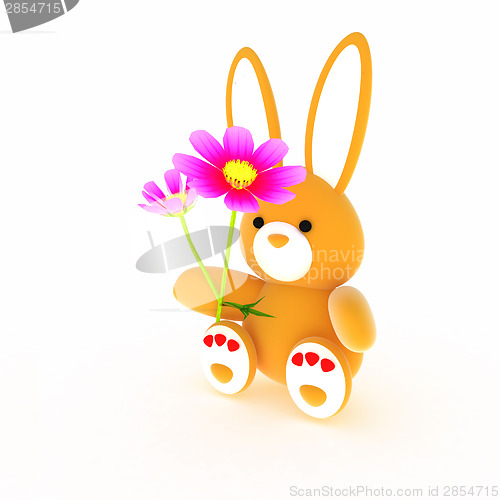 Image of soft toy hare with a little red hearts on white paws and cosmos 