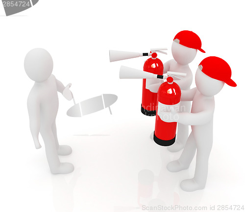 Image of 3d mans with red fire extinguisher. The concept of confrontation