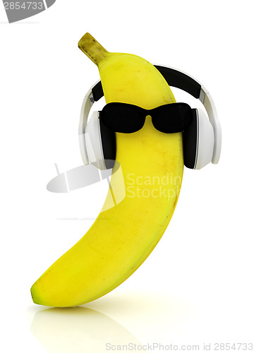 Image of banana with sun glass and headphones front "face"