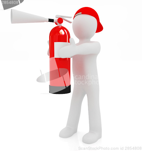 Image of 3d man with red fire extinguisher 