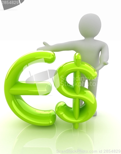 Image of 3d people - man, person presenting - dollar and euro sign