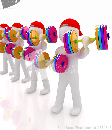 Image of 3d mans with colorfull dumbbells 