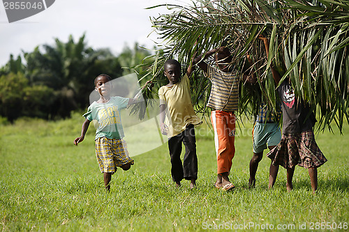 Image of African kids help with carring palm leaves