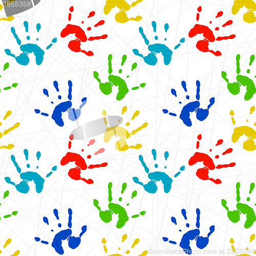 Image of Seamless texture with colorful prints of child palms