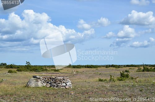 Image of Old hunting shelter in an open landscape