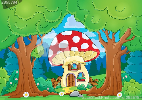 Image of Tree theme with mushroom house