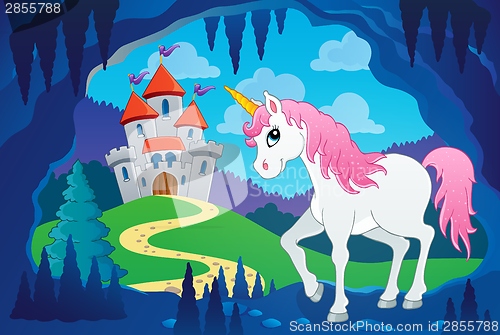 Image of Cute unicorn in fairy tale cave