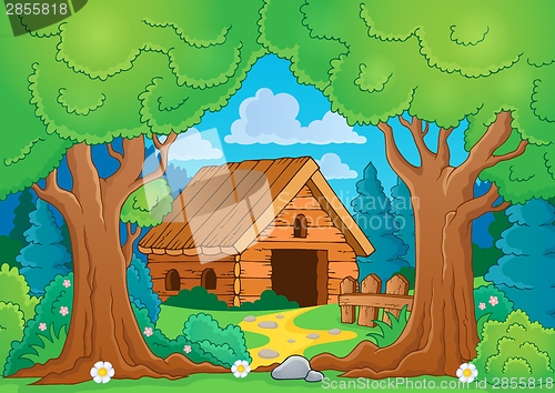 Image of Tree theme with wooden building