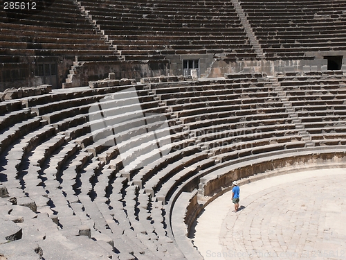 Image of Rows of seats, stairway, auditorium, ancient amphitheatre, Bosra