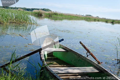 Image of old  fishing boat with oars to high grass coast  