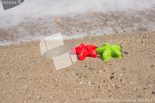 Image of Two starfish-shaped molds on the sand