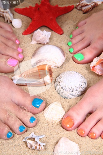 Image of pedicure (color nails) on the beach 