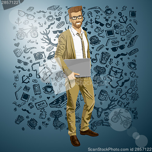 Image of Vector Hipstar Man With Laptop in His Hands