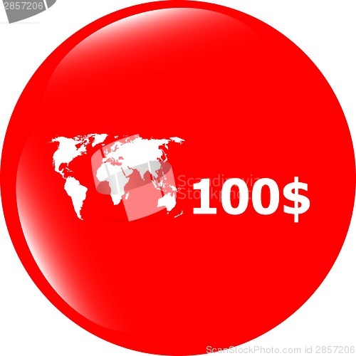 Image of glossy money bag icon with dollars and world map for web applications