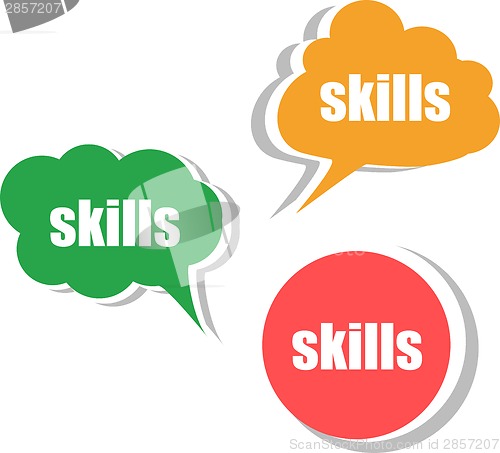 Image of skills word on modern banner design template. set of stickers, labels, tags, clouds