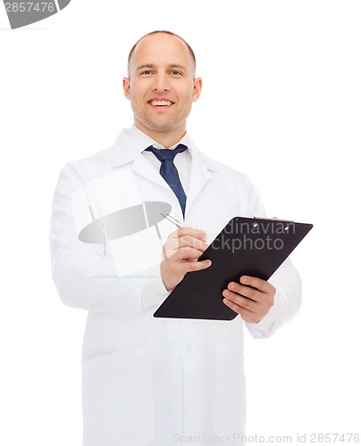 Image of smiling male doctor with clipboard