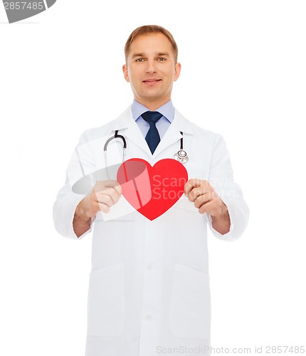 Image of smiling male doctor with red heart