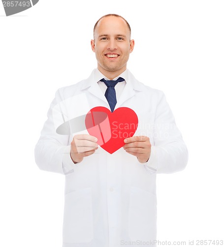 Image of smiling male doctor with red heart