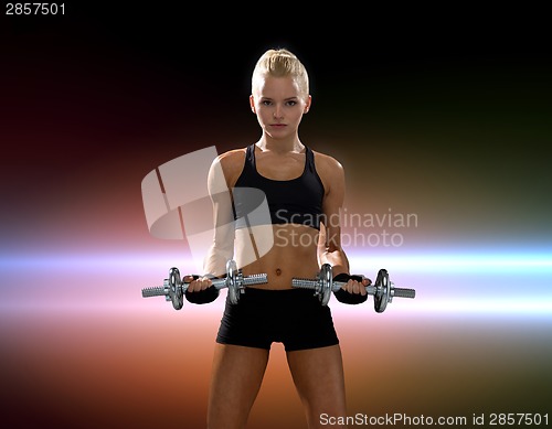 Image of sporty woman with heavy steel dumbbells