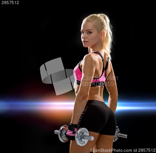 Image of sporty woman with heavy steel dumbbells