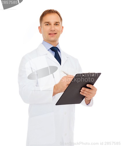 Image of smiling male doctor with clipboard