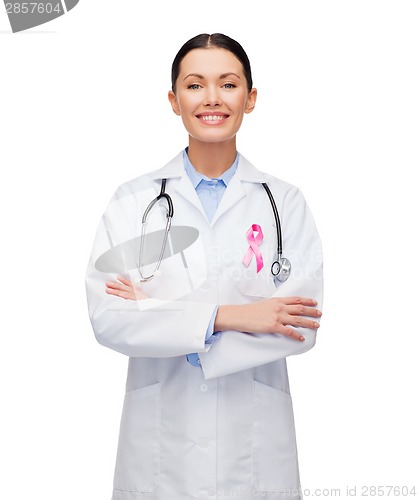 Image of female doctor with breast cancer awareness ribbon