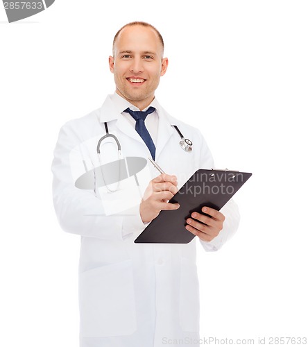 Image of smiling male doctor with clipboard and stethoscope