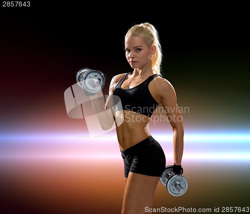 Image of sporty woman with heavy steel dumbbells