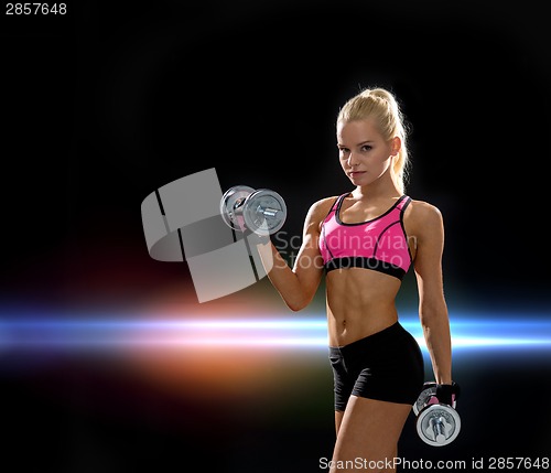 Image of sporty woman with heavy steel dumbbells