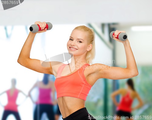 Image of smiling beautiful sporty woman with dumbbells