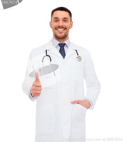 Image of smiling doctor with stethoscope showing thumbs up