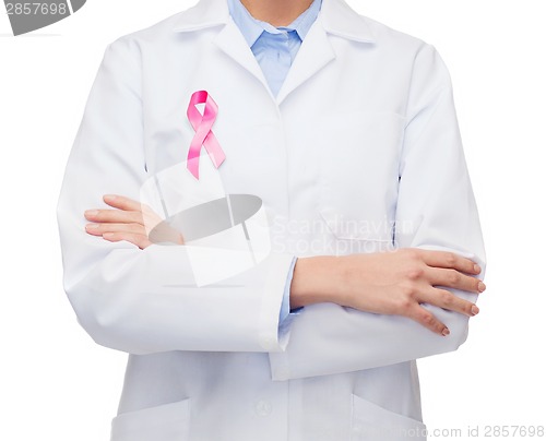 Image of female doctor with breast cancer awareness ribbon