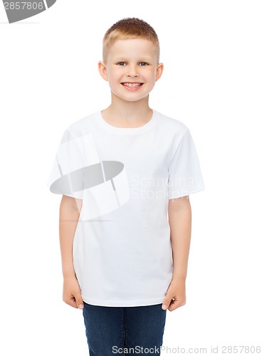 Image of smiling little boy in white blank t-shirt