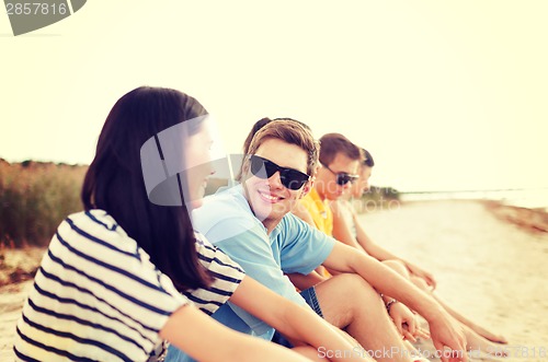 Image of group of friends or volleyball team on the beach