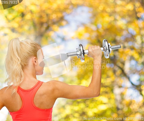 Image of sporty woman with heavy steel dumbbell from back