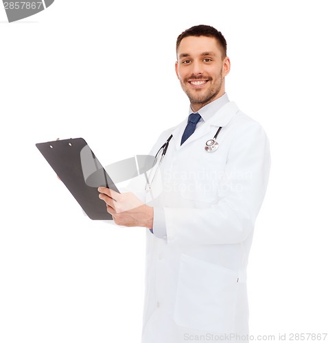 Image of smiling male doctor with clipboard and stethoscope