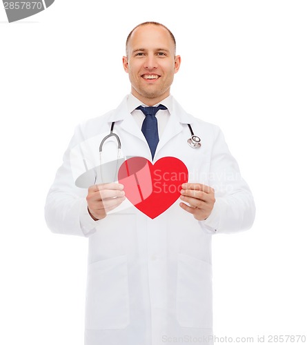 Image of smiling male doctor with red heart