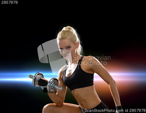 Image of young sporty woman with heavy steel dumbbell